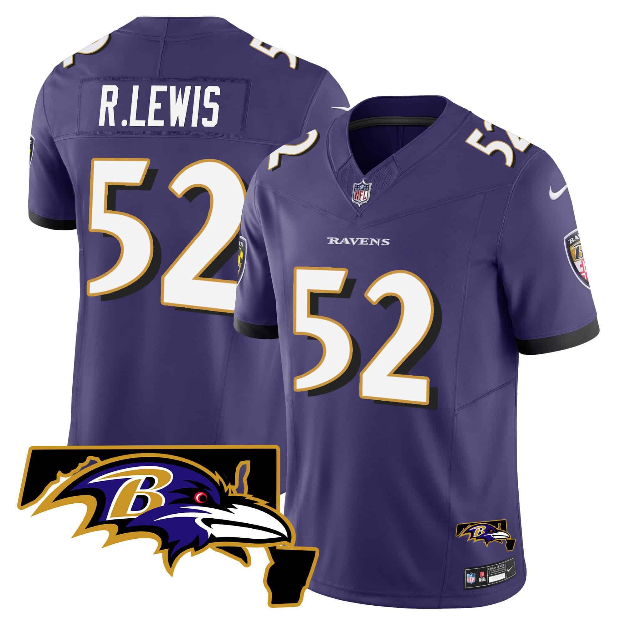 Men Baltimore Ravens #52 R.Lewis Purple 2024 Nike Maryland Patch Vapor Limited NFL Jersey style 1